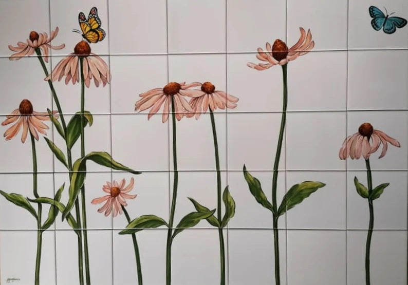 Coneflowers and Butterflies Tile Mural - Hand Painted Portuguese Tiles | Ref. PT381