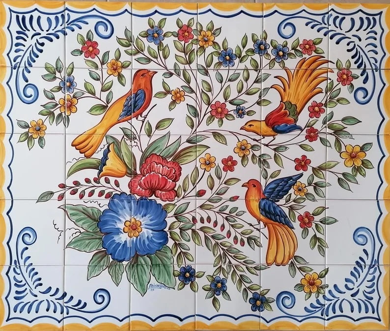 Flowers and Birds Tile Mural - Hand Painted Portuguese Tiles | Ref. PT382