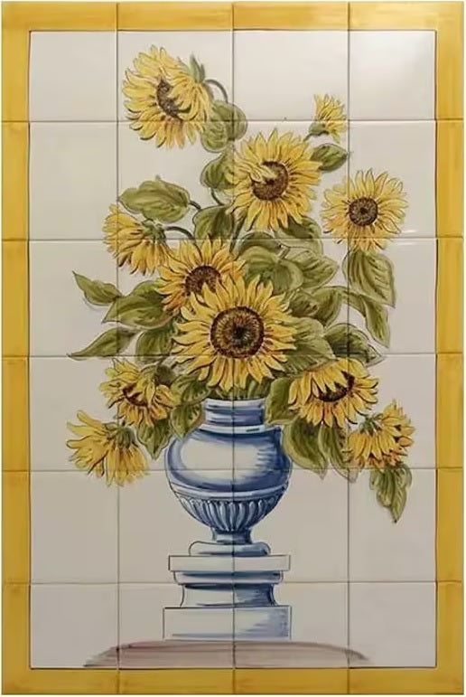 Sunflower Vase Tile Mural - Hand Painted Portuguese Tiles | Ref. PT338