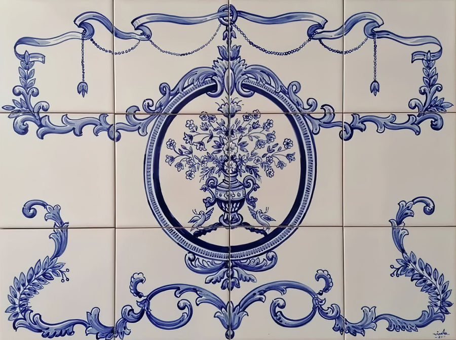 Blue Floral Tile Mural - Hand Painted Portuguese Tiles | Ref. PT244