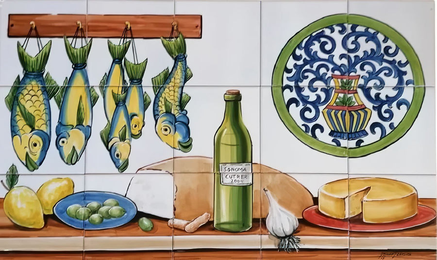 Food and Wine Kitchen Tile Mural - Hand Painted Portuguese Tiles | Ref. PT258