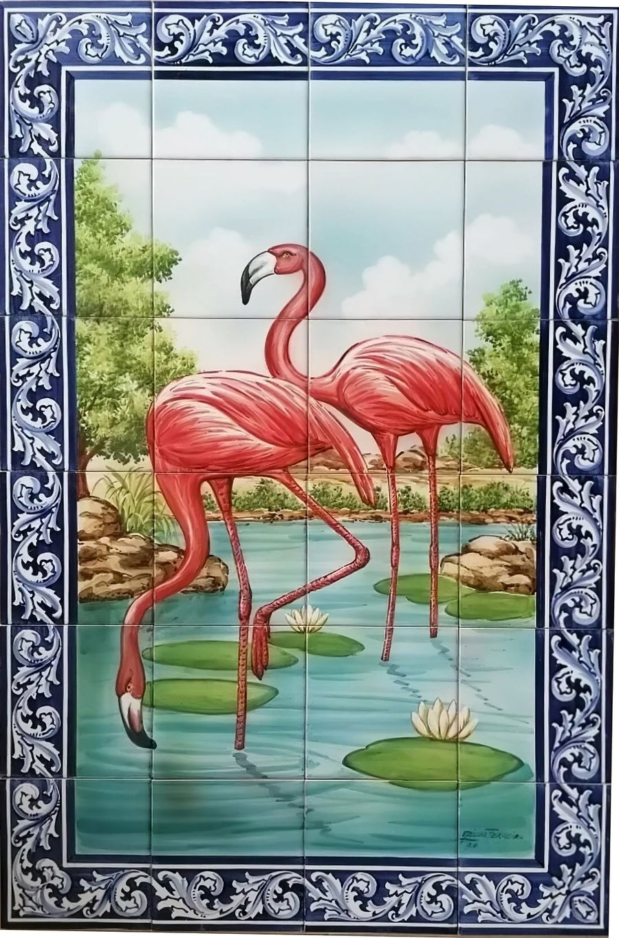Flamingos Tile Mural - Hand Painted Portuguese Tiles | Ref. PT288