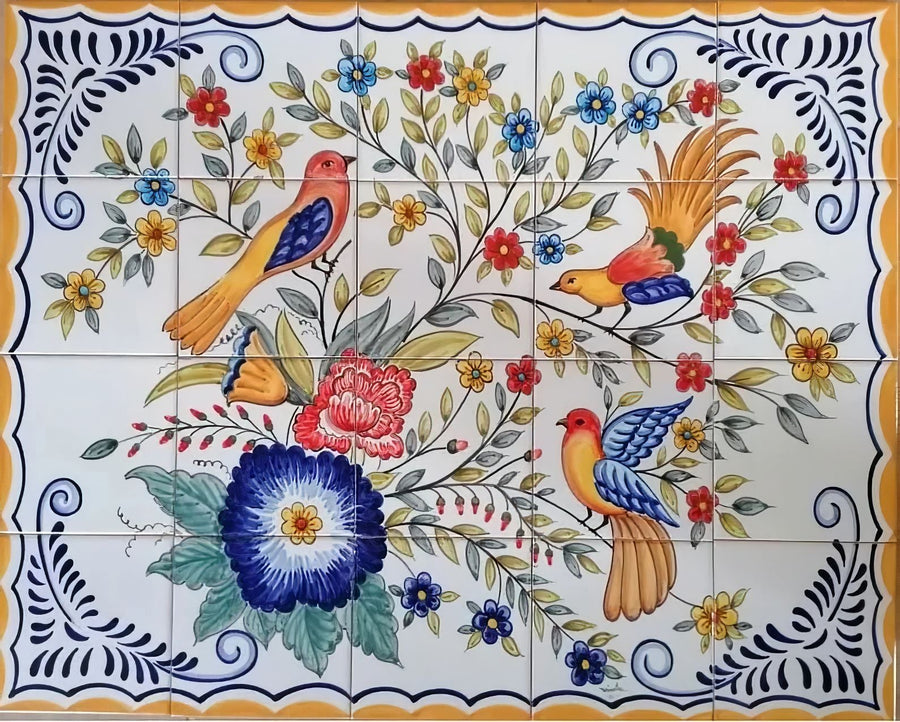 Flowers and Birds Tile Mural - Hand Painted Portuguese Tiles | Ref. PT294