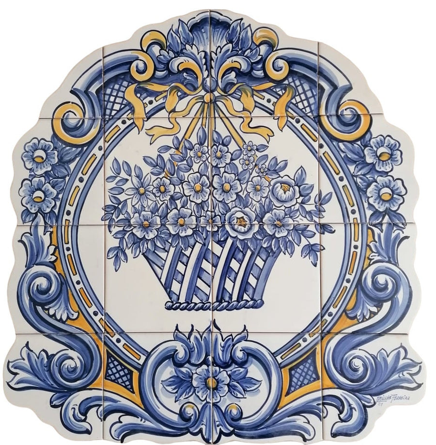 Blue Flower Basket Tile Mural - Hand Painted Portuguese Tiles | Ref. PT314
