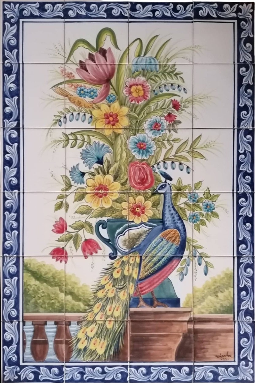 Flowers and Peacock Tile Mural - Hand Painted Portuguese Tiles | Ref. PT342