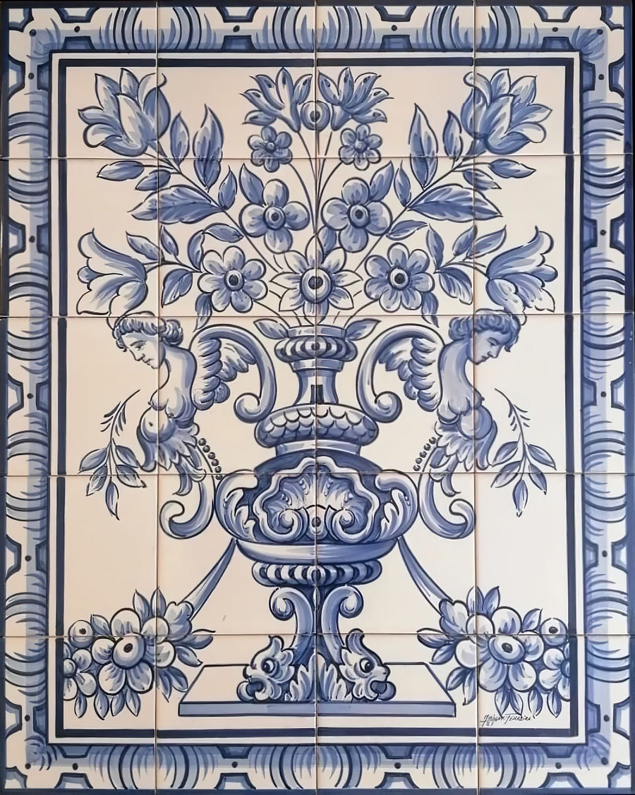 Blue Flower Vase Tile Mural - Hand Painted Portuguese Tiles | Ref. PT316