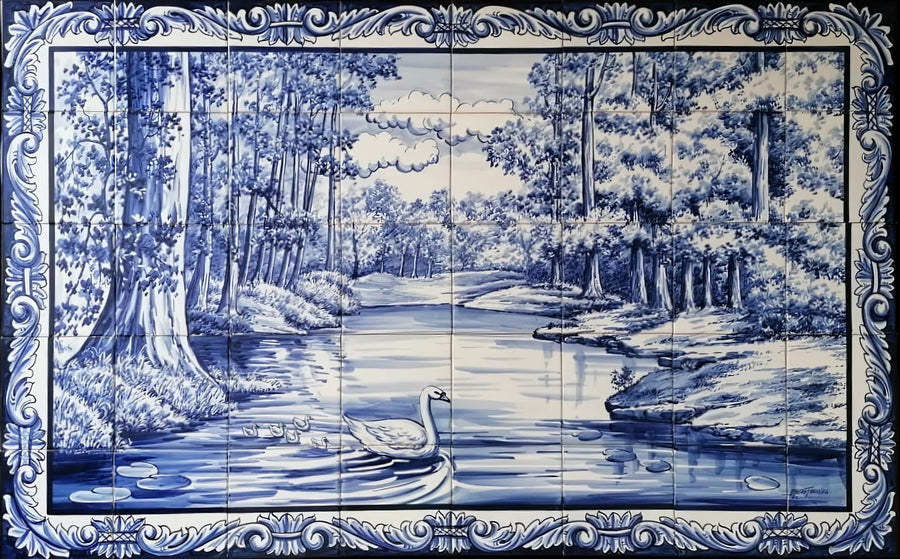 Swan Tile Mural - Hand Painted Portuguese Tiles | Ref. PT352