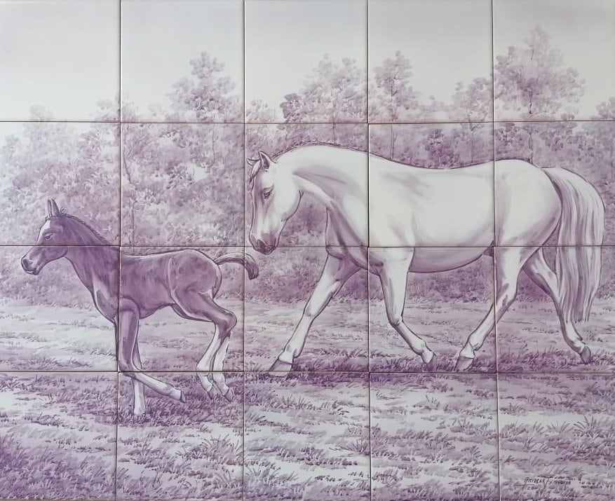 Mare and Foal Tile Mural - Hand Painted Portuguese Tiles | Ref. PT339