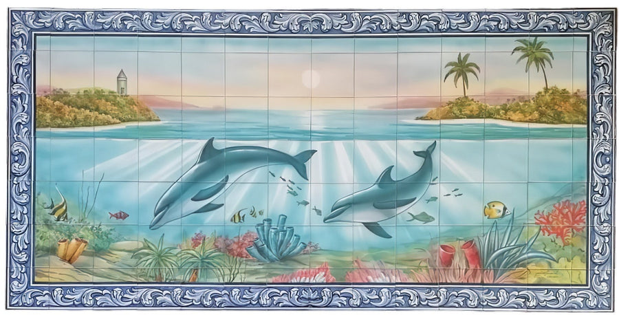 Dolphin Tile Mural - Hand Painted Portuguese Tiles | Ref. PT348