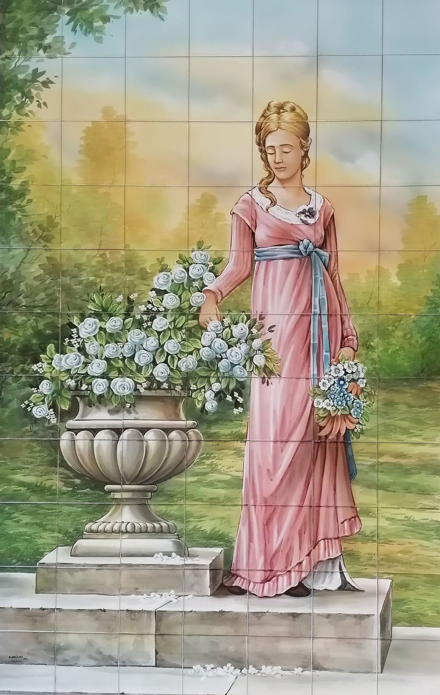 Lady in the Garden Tile Mural - Hand Painted Portuguese Tiles | Ref. PT329