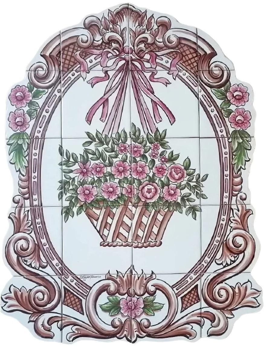 Pink Flower Basket Tile Mural - Hand Painted Portuguese Tiles | Ref. PT355