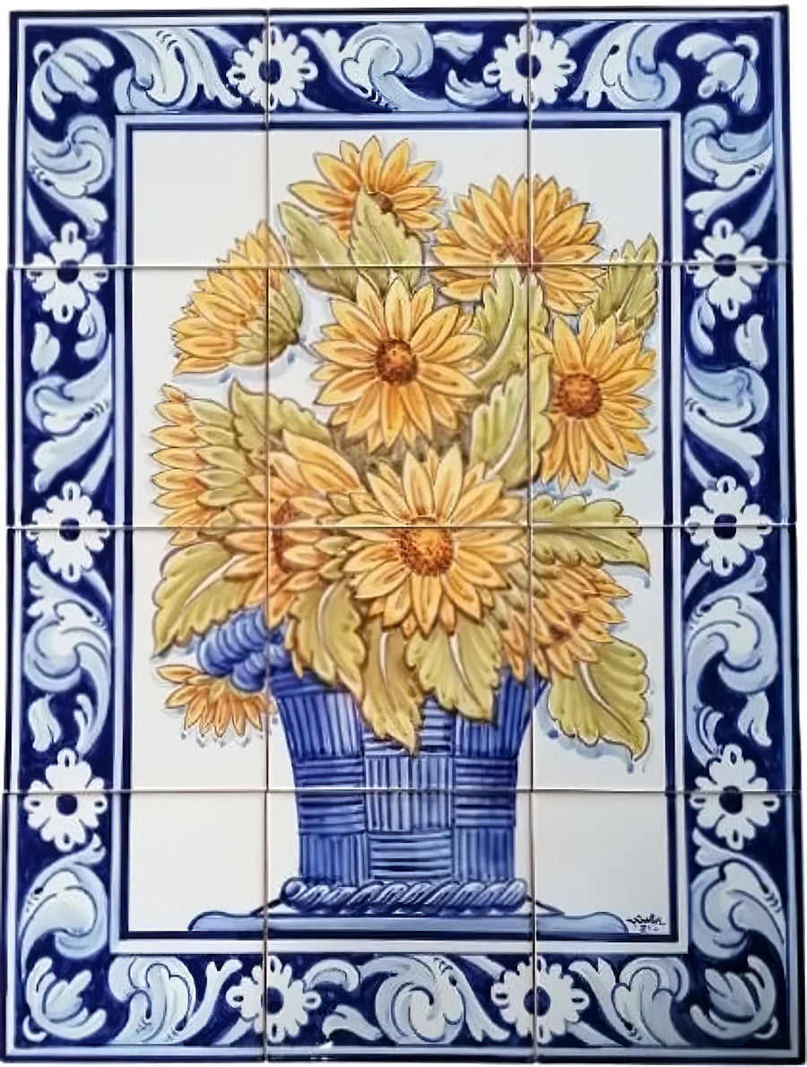 Sunflower Vase Tile Mural - Hand Painted Portuguese Tiles | Ref. PT302
