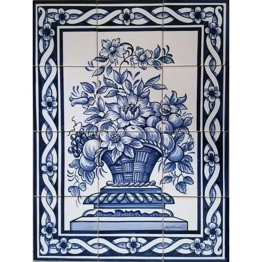 Blue and White Flower Basket Tile Mural - Hand Painted Portuguese Tiles | Ref. PT281