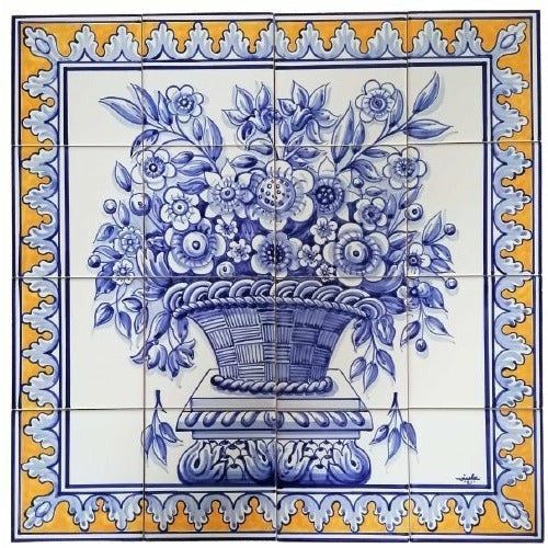 Blue Flower Basket Tile Mural - Hand Painted Portuguese Tiles | Ref. PT306