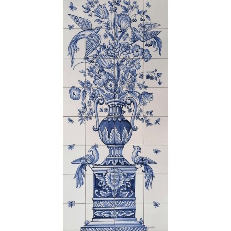 Blue Flower Vase and Birds Tile Mural - Hand Painted Portuguese Tiles | Ref. PT421