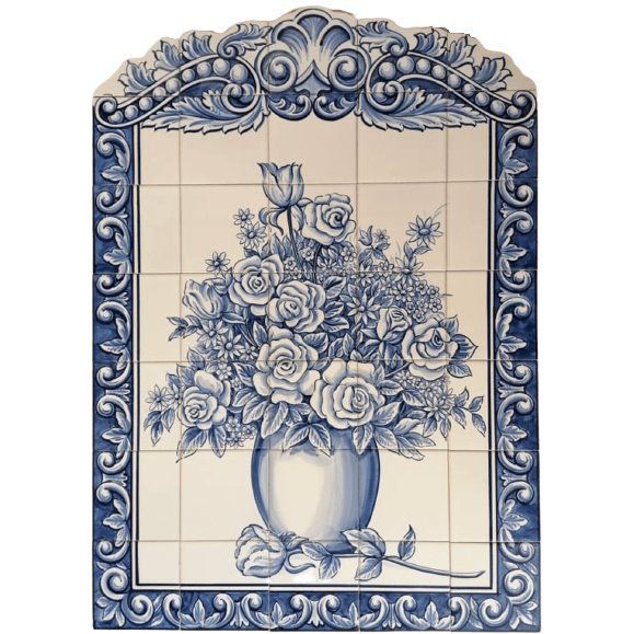 Rose Vase Tile Mural - Hand Painted Portuguese Tiles | Ref. PT407