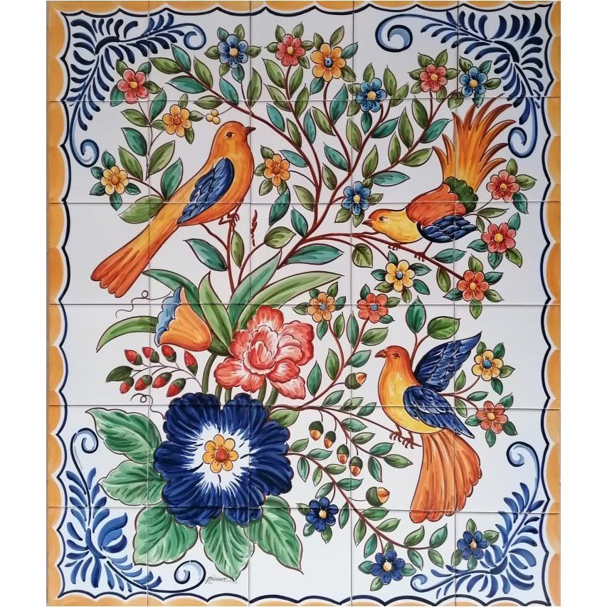 Colourful Flowers and Birds Tile Mural - Hand Painted Portuguese Tiles | Ref. PT363