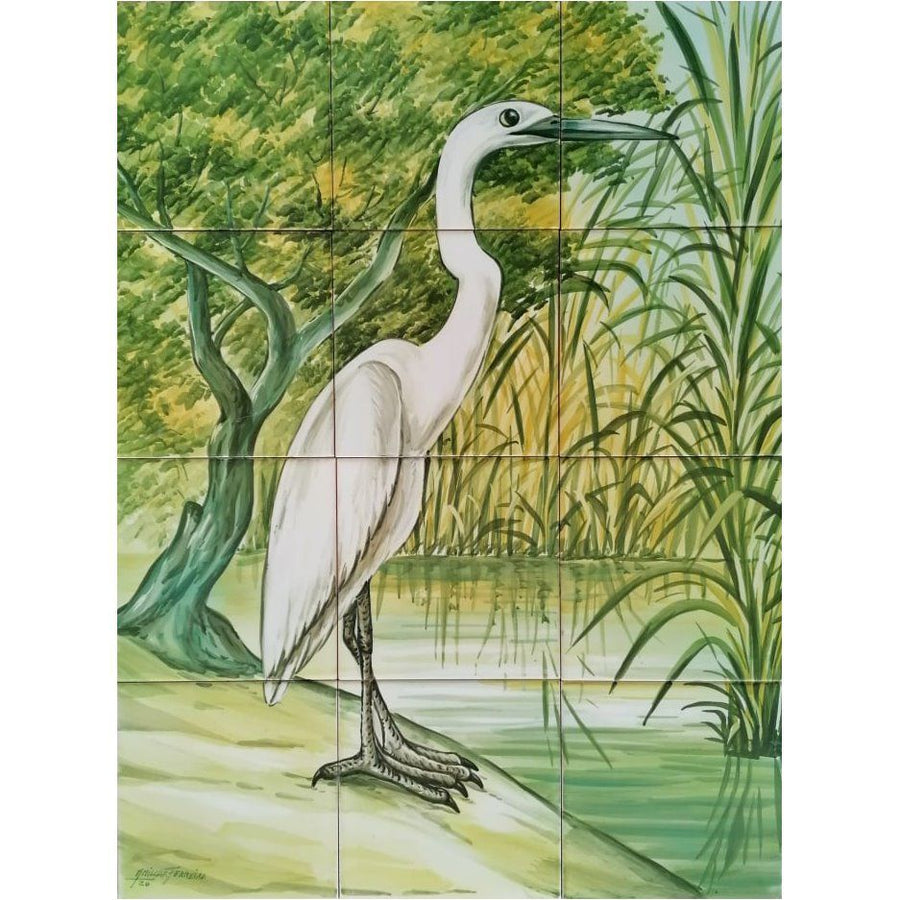 Grey Heron Tile Mural - Hand Painted Portuguese Tiles | Ref. PT291