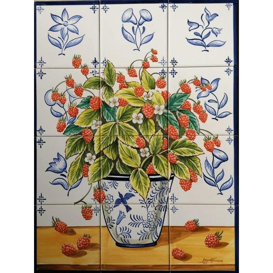 Raspberries Tile Mural - Hand Painted Portuguese Tiles | Ref. PT299