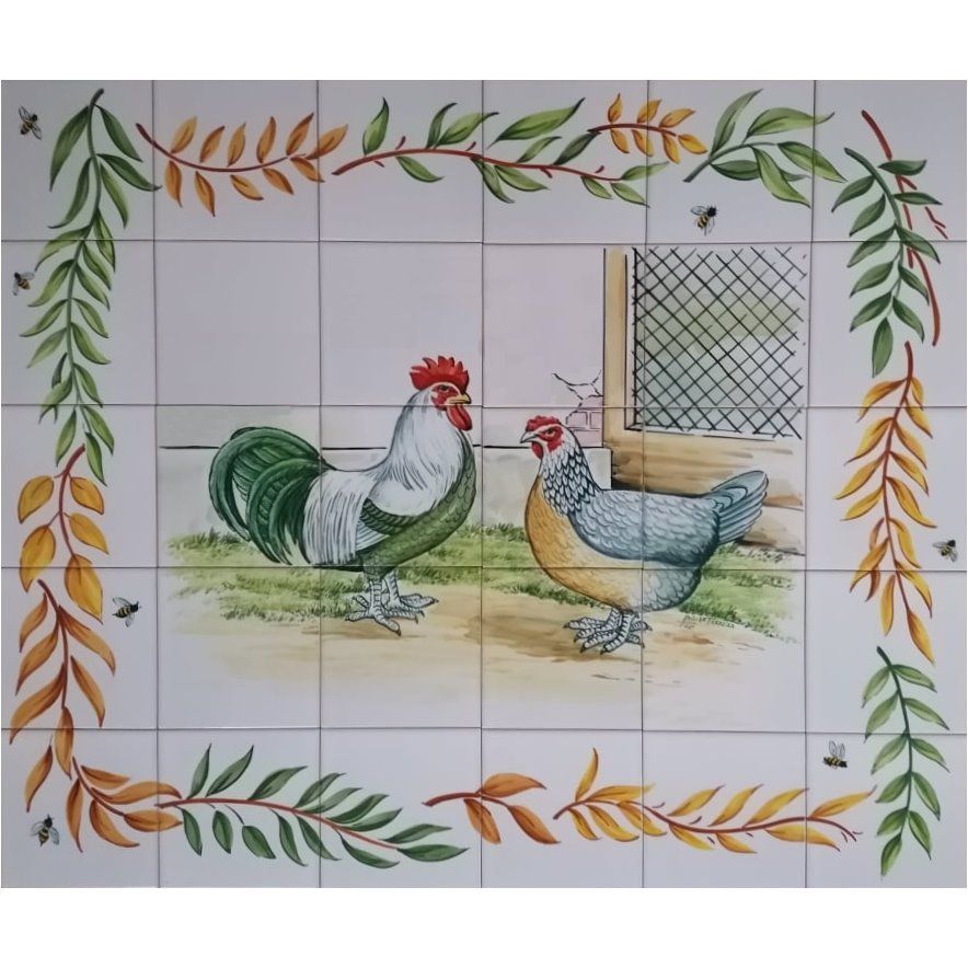 Rooster and Chicken Tile Mural - Hand Painted Portuguese Tiles | Ref. PT204