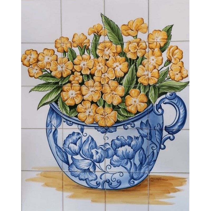 Yellow Flowers Tile Mural - Hand Painted Portuguese Tiles | Ref. PT326