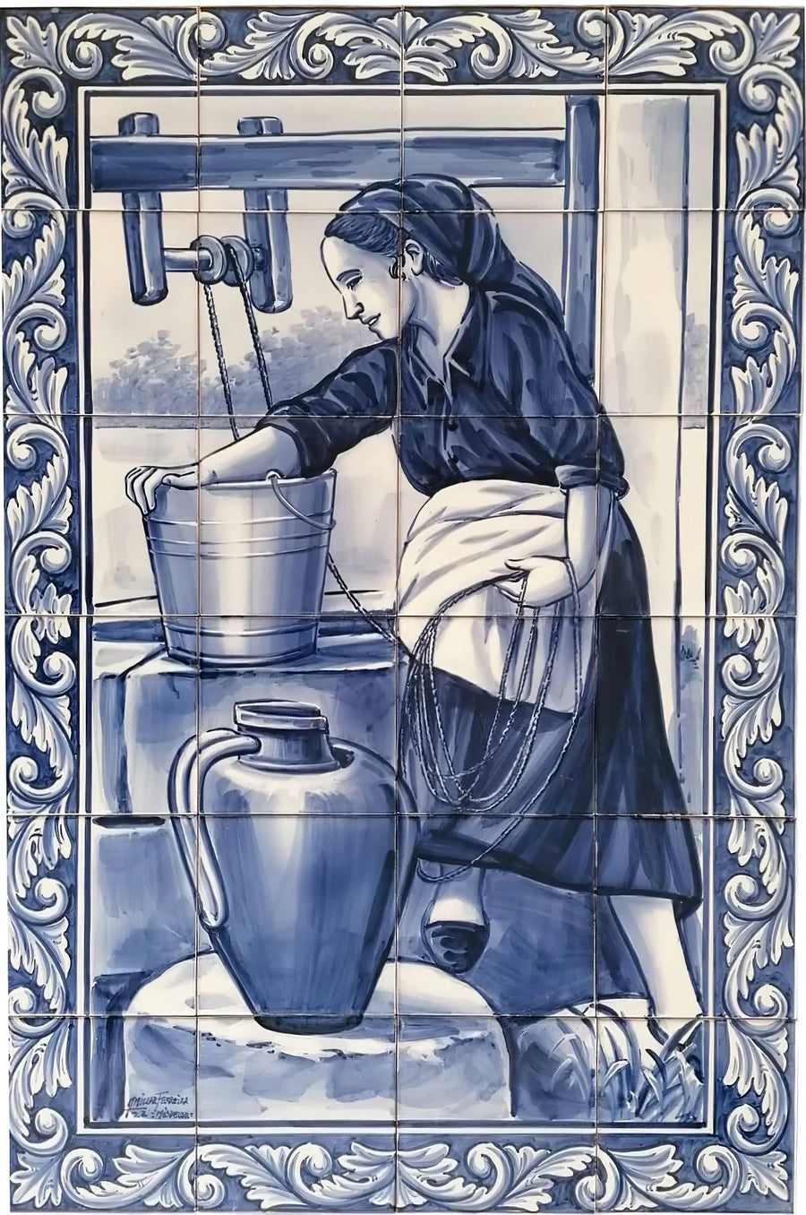 Woman Drawing Water from a Well Tile Mural - Hand Painted Portuguese Tiles | Ref. PT297