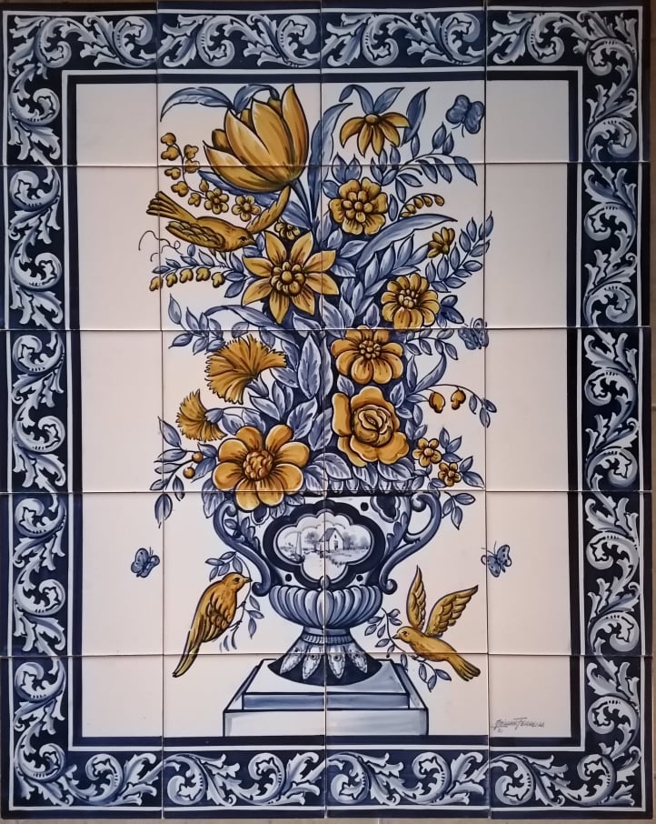 Yellow Flowers and Birds Tile Mural - Hand Painted Portuguese Tiles | Ref. PT358