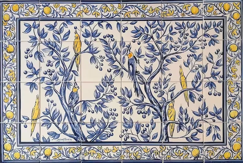 Cockatoos Tile Mural - Hand Painted Portuguese Tiles | Ref. PT370