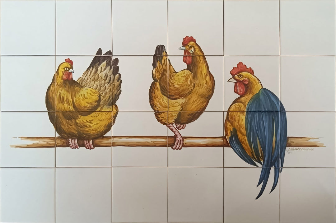 A Portuguese kitchen tile mural featuring a painted illustration of three chickens perched on a horizontal branch against an off-white tiled background.