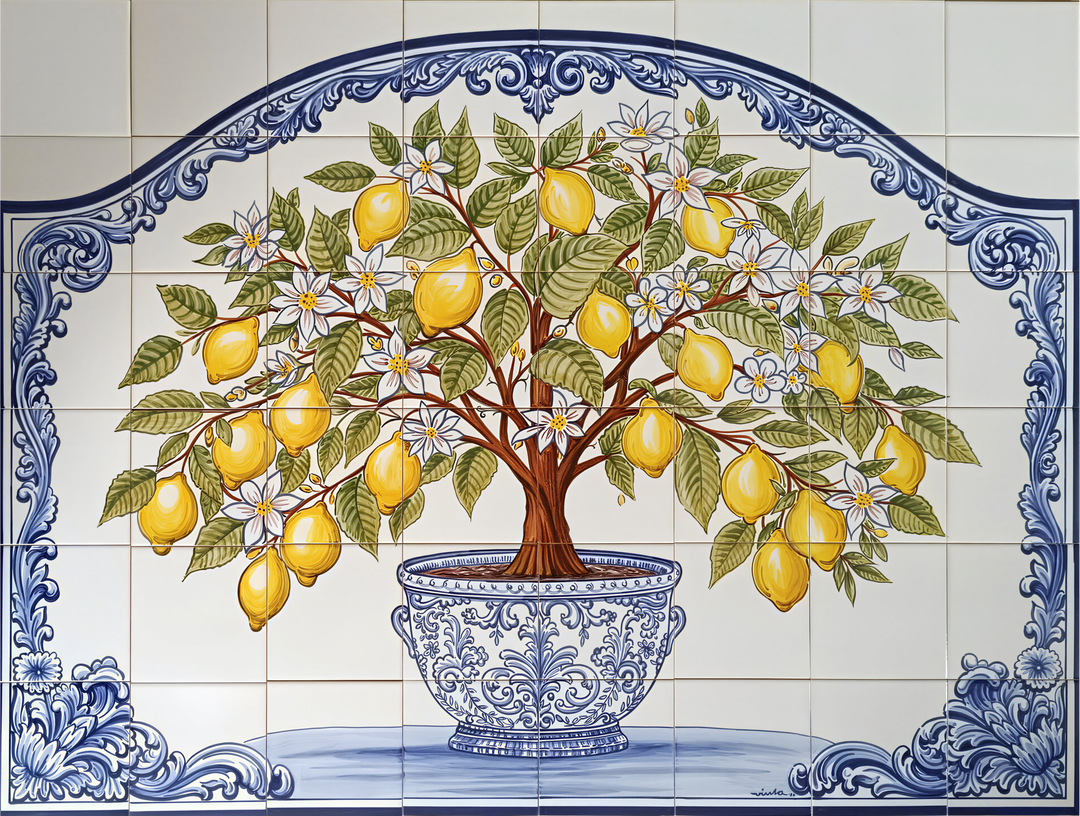 Hand painted Portuguese tile mural of a lemon tree with yellow lemons and blue decorative border.
