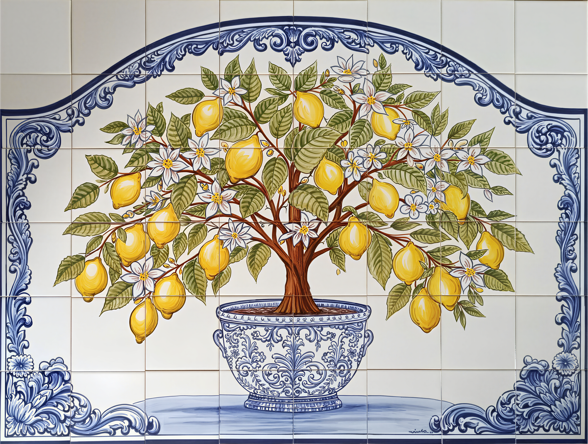Hand painted Portuguese tile mural of a lemon tree with yellow lemons and blue decorative border.