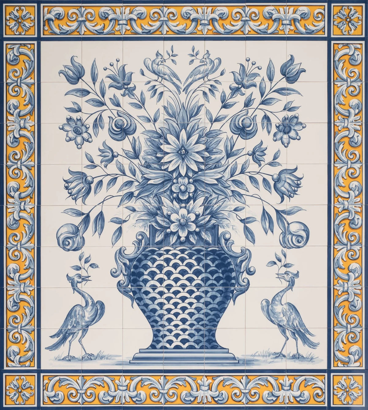 Portuguese azulejo tile mural depicting a blue and white flower-filled vase with birds, framed by an ornate yellow and blue border.
