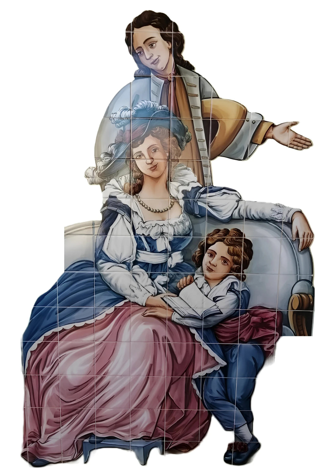 Vintage-style illustrated wall tile mural featuring a seated woman in a pink and blue dress with a child at her lap, alongside a standing man holding a lute, all on a white background.