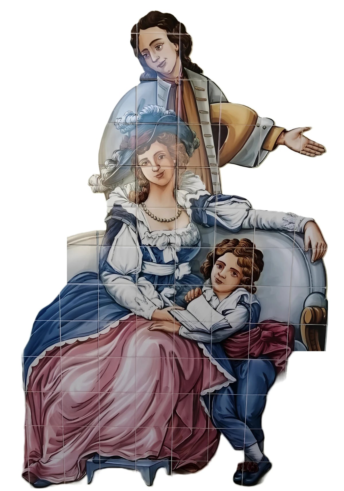 Vintage-style illustrated wall tile mural featuring a seated woman in a pink and blue dress with a child at her lap, alongside a standing man holding a lute, all on a white background.