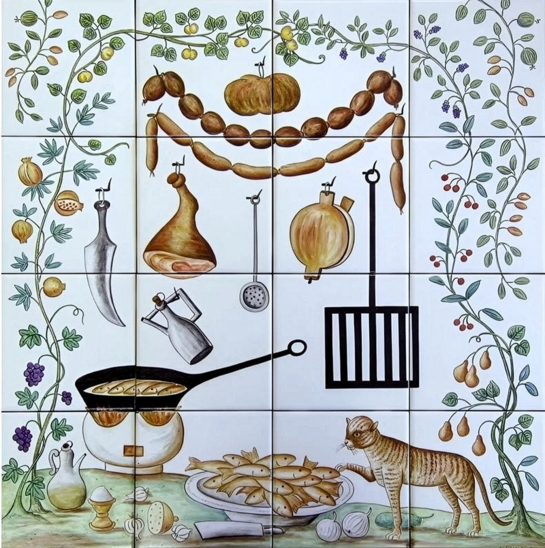 Decorative tile mural with a cat and various food items and kitchen utensils on a white background.