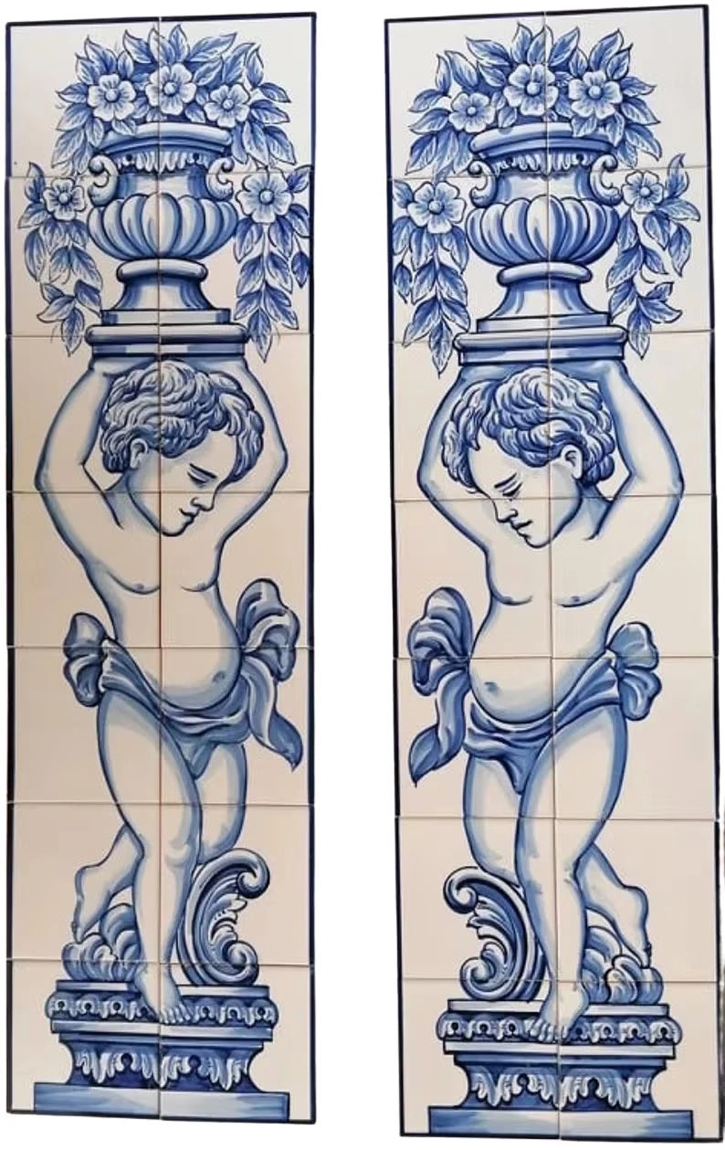 A set of two hand-painted Portuguese tiles featuring the motif of cherubs holding a flower vase, in blue and white colors.