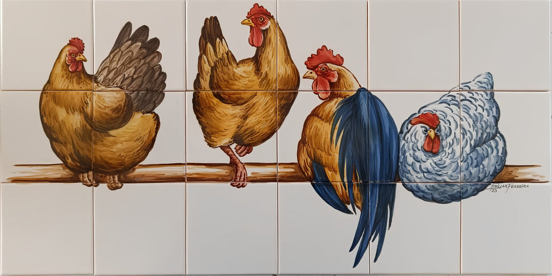 A decorative Portuguese kitchen tile mural featuring four stylized chickens perched on a horizontal branch against a white tiled background. The left two chickens are brown, the rooster in the centre-right has blue and red feathers, and the chicken on the far right is white.