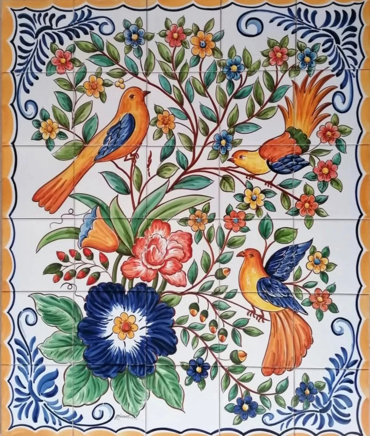 A tile mural featuring a vibrant hand-painted motif of colourful flowers and birds on a white background with a yellow border.