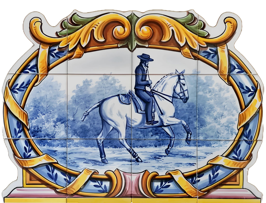 A hand painted tile mural featuring a motif of a person riding a horse, surrounded by ornate floral and ribbon designs in blue, white, and gold colours.