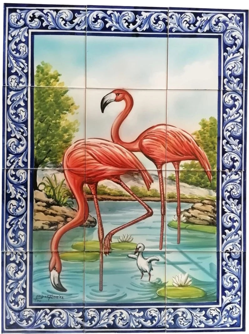Flamingos Tile Mural - Hand Painted Portuguese Tiles | Ref. PT230