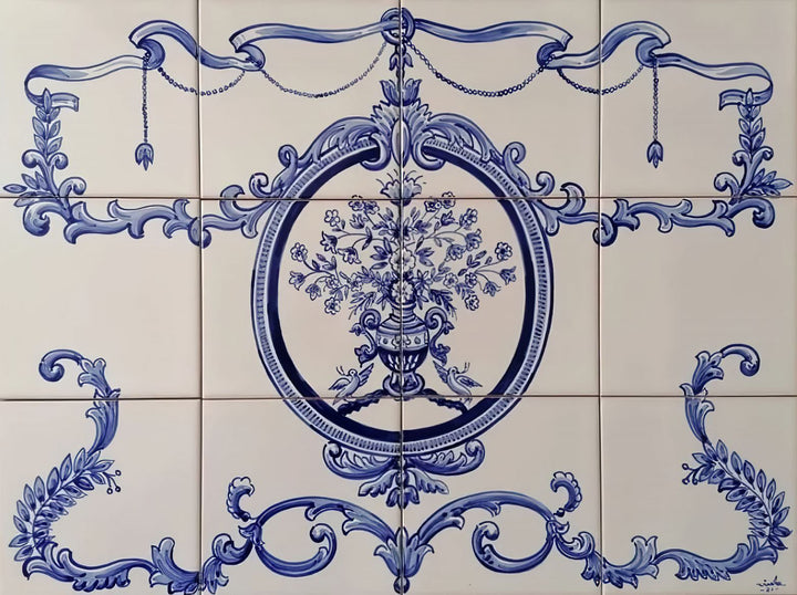 Blue Floral Tile Mural - Hand Painted Portuguese Tiles | Ref. PT244