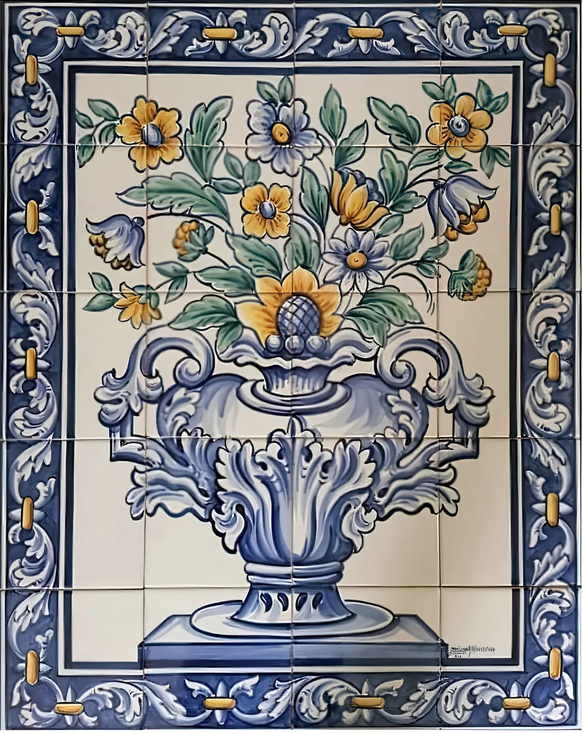 A hand painted ceramic tile panel featuring a traditional Portuguese azulejo design with a blue and white scrollwork border and a central floral motif of yellow and blue flowers with green leaves in an ornate blue vase.