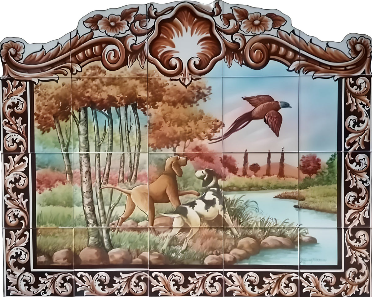 Hand painted Portuguese tile mural depicting a hunting scene with a dog, a bird, and a landscape.