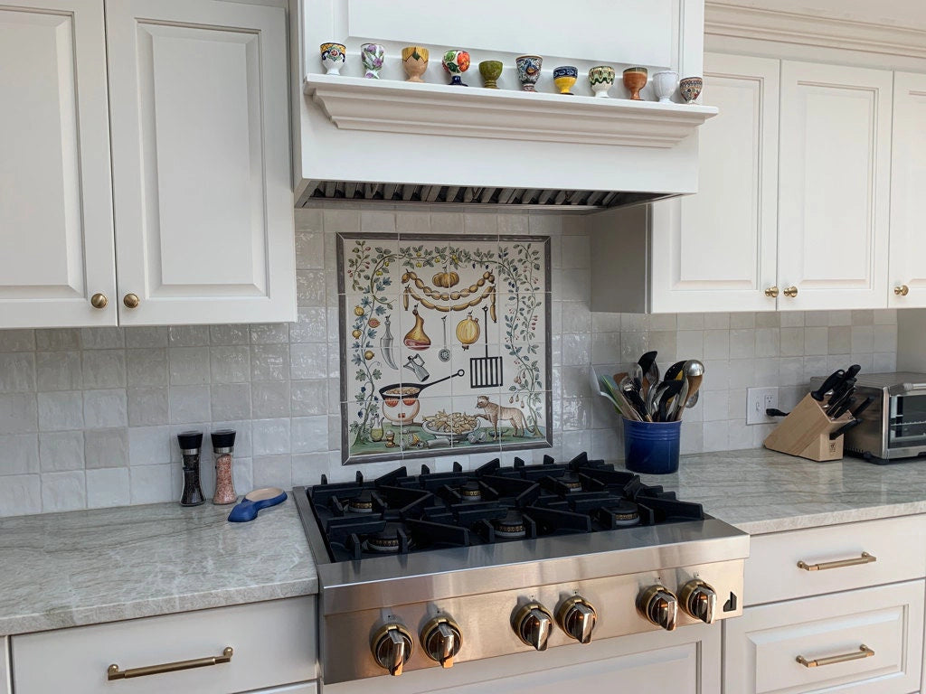 Kitchen tile backsplash cat in the kitchen mural