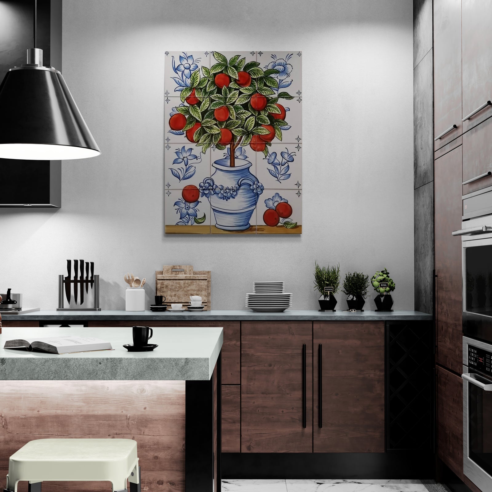 Kitchen hand painted tile backsplash with fruit tree