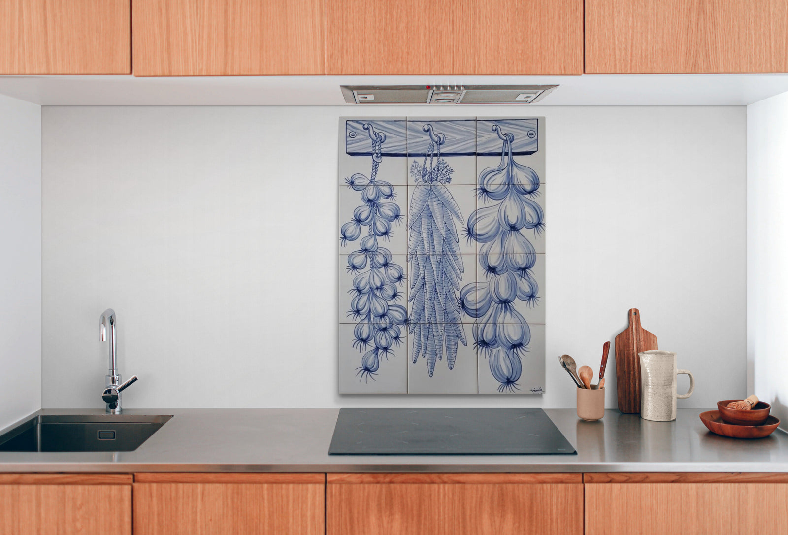 Kitchen tile backsplash with hanging vegetables