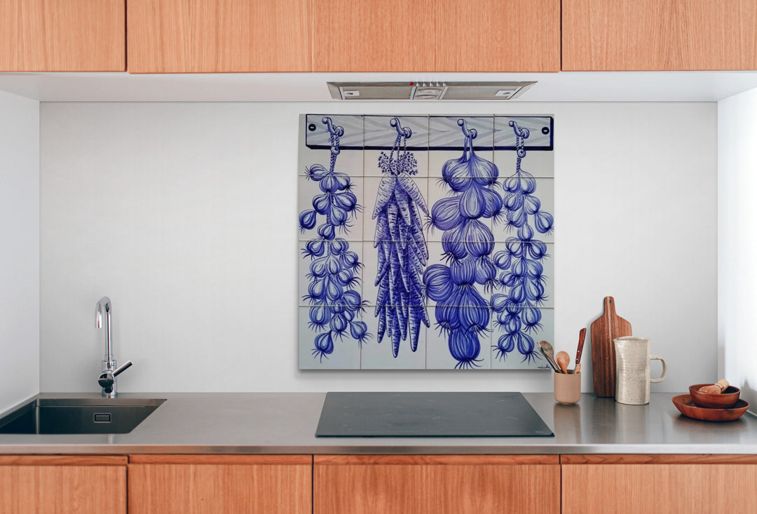 Kitchen tile backsplash with hanging vegetables in blue