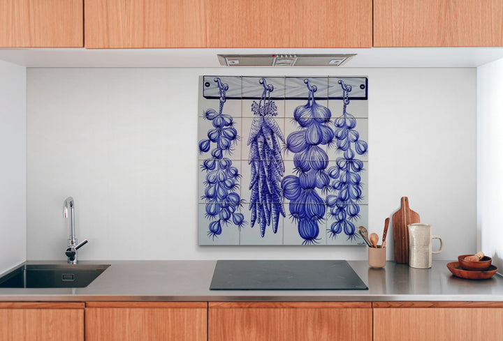 Kitchen tile backsplash with hanging vegetables in blue