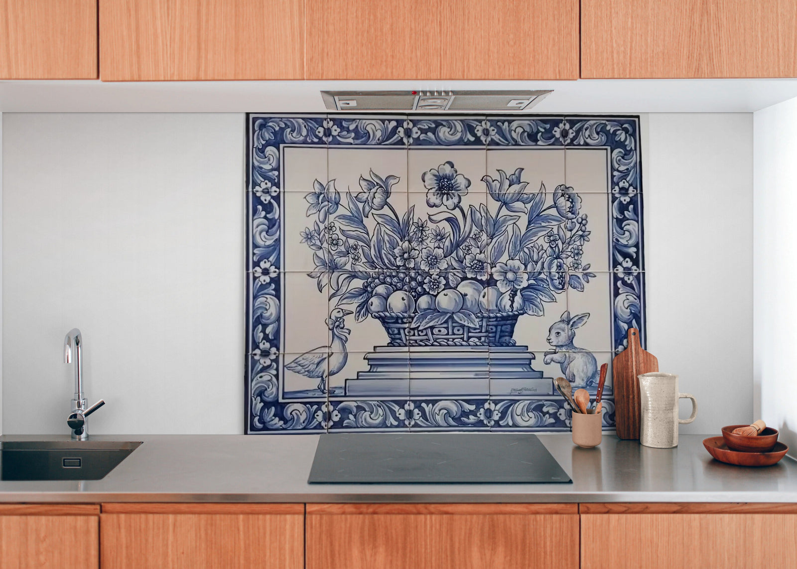 Kitchen tile backsplash with rabbit and duck in blue