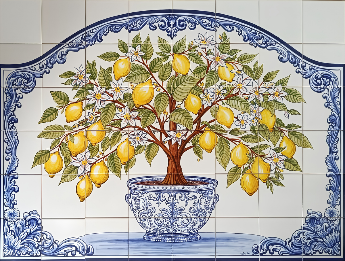 Hand painted Portuguese tile mural of a lemon tree with yellow lemons and blue decorative border.